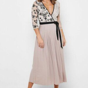 Little Mistress Mink Vintage Lace And Sequin Maxi Wrap Dress  – Size 10 (NWT)